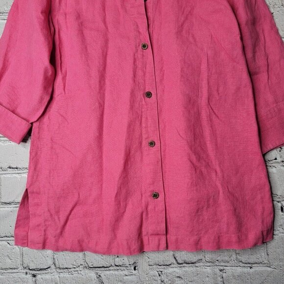 Vintage Chico's 100% Linen Pink Half Sleeve Button Up Collared Blouse Size 1 - Picture 3 of 9